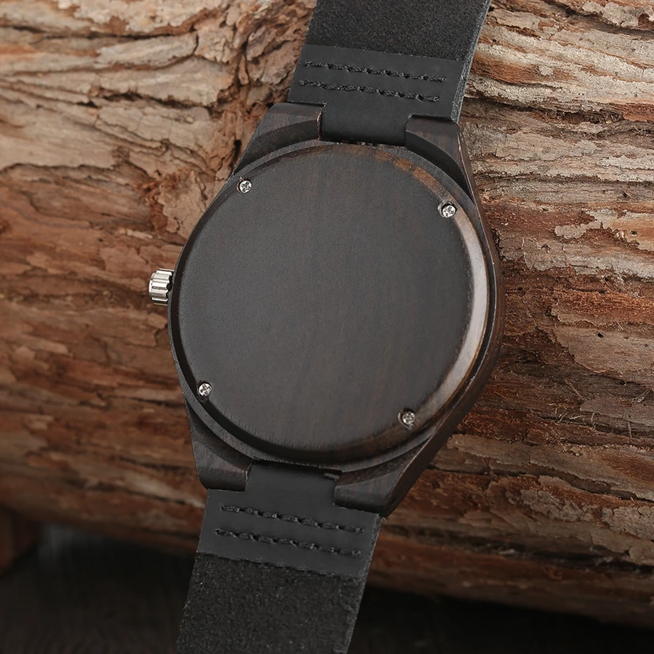 Unique Full Black Men's Ebony Wood Watch Luxury Gifts Light Bamboo Analog Quartz Wristwatch with Genuine Leather Reloj de madera 2017 2018 Christmas Gifts for Men (12)