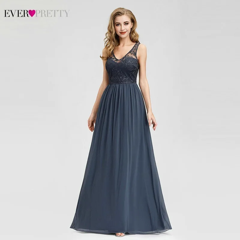 

Ever Pretty Vintage Dusty Blue Bridesmaid Dresses A-Line V-Neck Elegant Lace Wedding Guest Dresses Robe Demoiselle D'honneur