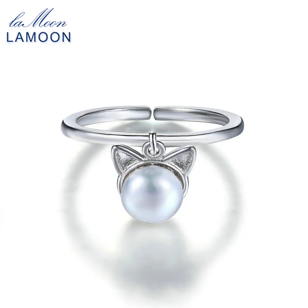 LAMOON Lovely Cat 925-Sterling-Silver Adjustable Rings 6mm Pearls S925 Fine Jewelry for Women Girls Gift Anti Allergy LMRY053