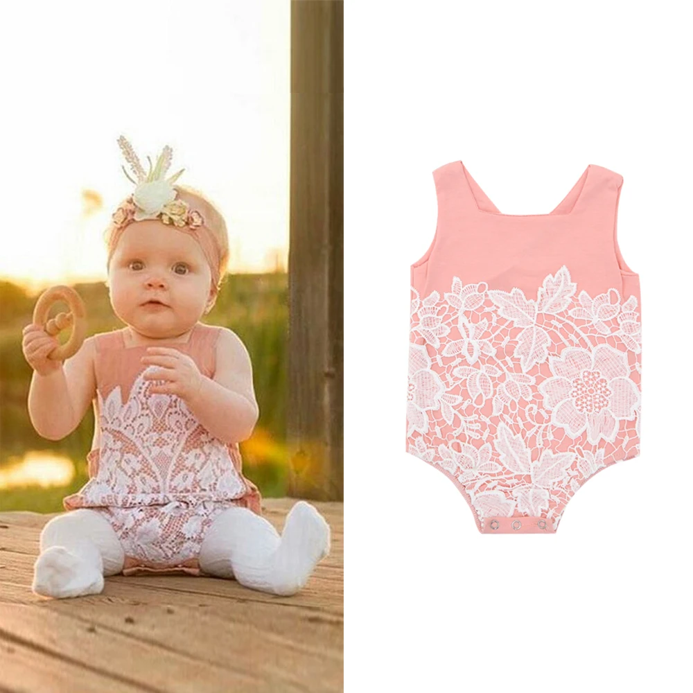 2017 Newborn summer Baby Girl Clothes Lace Pink Sleeveless Baby beach rompers tiny cottons 2017