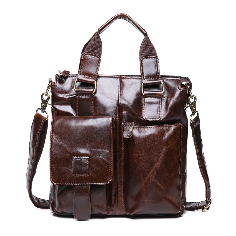 

Fashion Men Genuine Leather Cowhide Briefcase Shoulder Bag Handbag Solid Pure Color for Work Bussiness Office