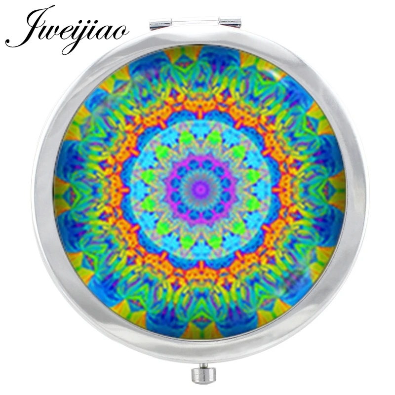 

JWEIJIAO Women Mandala Yoga Henna Zen Glass Cabochon Makeup Mirror geometry Girls Beauty Tools Floding Round Pocket Mirror