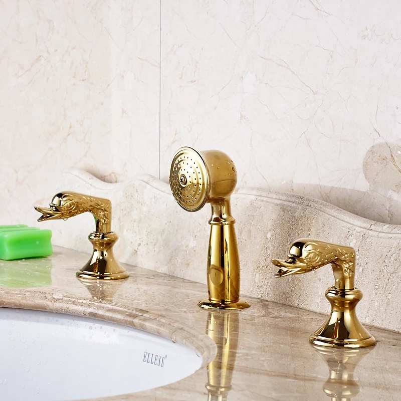 

Gold Polished Deck Mounted Widespread Bathroom Sink Faucet Pull Out Mixer Tap With Double Handle