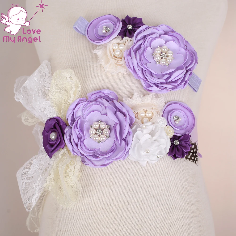 Сиреневый фиолетовый цвет слоновой кости пояс с цветами для девушки и повязка на
