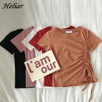 

HELIAR Women Drawstring O-Neck T-shirt Chic Tassels Tshirt Summer Short Sleeve Casual Pleated Camiseta Feminina TEE For Women