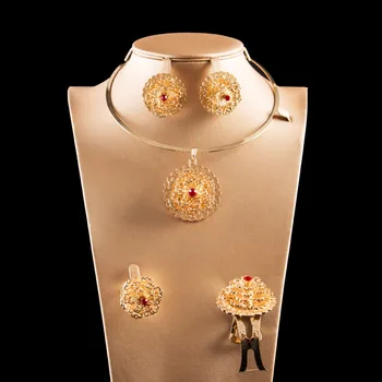 

LAN PALACE dubai jewelry sets ladies red crystal gold color four pieces earrings necklace ring bracelet free shipping