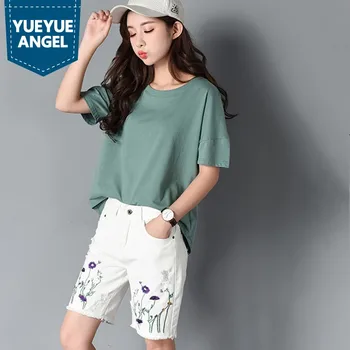 

Summer New Fashion Women's Denim Pants Embroidery Floral High Waist Trouser Female Straight Knee Length Woman's White Jeans
