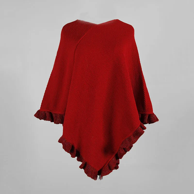 Модный Трикотажное пончо свитер весенний женский Повседневный пуловер осенне-зимняя уличная мода оборки женские свитера и пуловеры - Цвет: Red