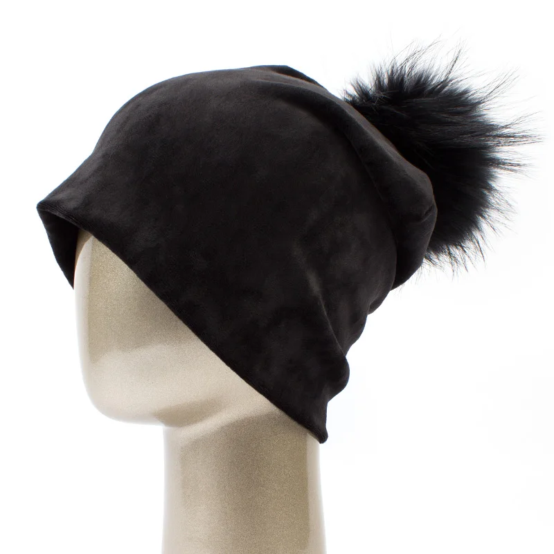 Geebro женская шапка с помпонами, повседневная бархатная шапка Skullies Beanies из полиэстера, тёплые вязаные шапки из енота, шапка с меховым помпоном - Цвет: Black B