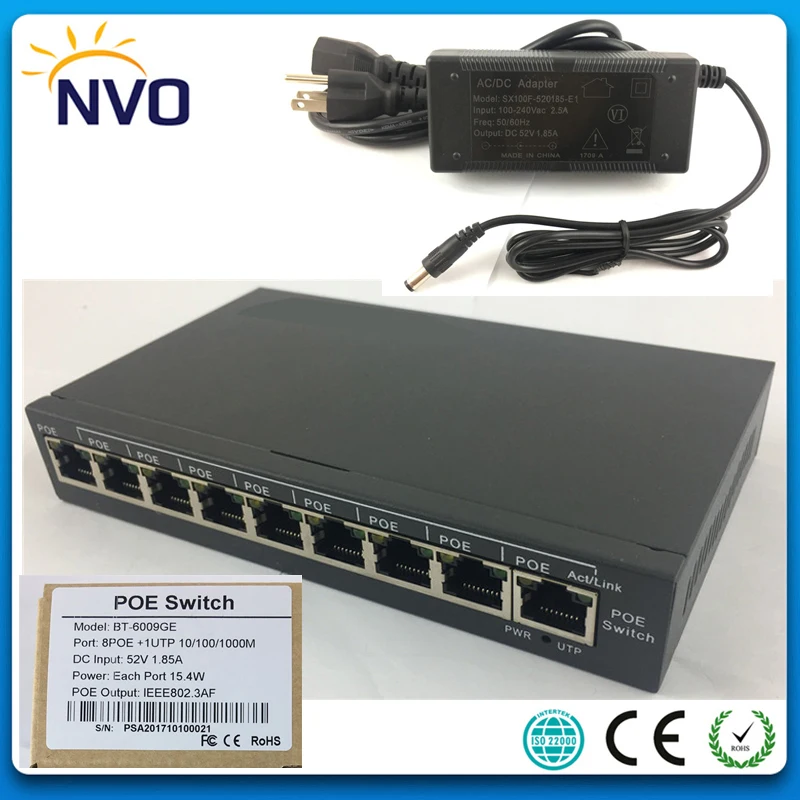 

8POE RJ45 and 1 100M Uplink Ethernet RJ45 Port,10/100Mbps,IEEE802.3AF,100M,each port 15.4W,96W,Euro Charger,8Port POE Switch