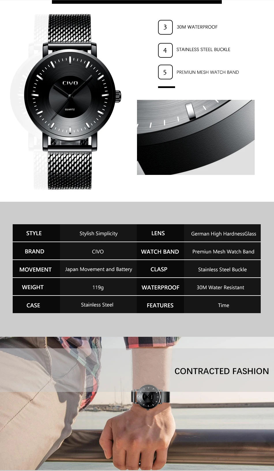 CIVO креативные изогнутые мужские s часы водонепроницаемые сетчатые наручные часы мужские модные повседневные аналоговые кварцевые часы для мужчин часы Montre Homme