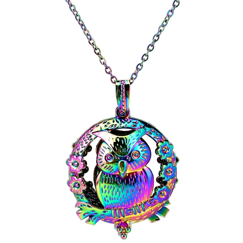 

C969 Rainbow Color Big Round Magnet Owl Spray Beads Cage Pendant Locket Aroma Essential Oil Diffuser Locket Necklace