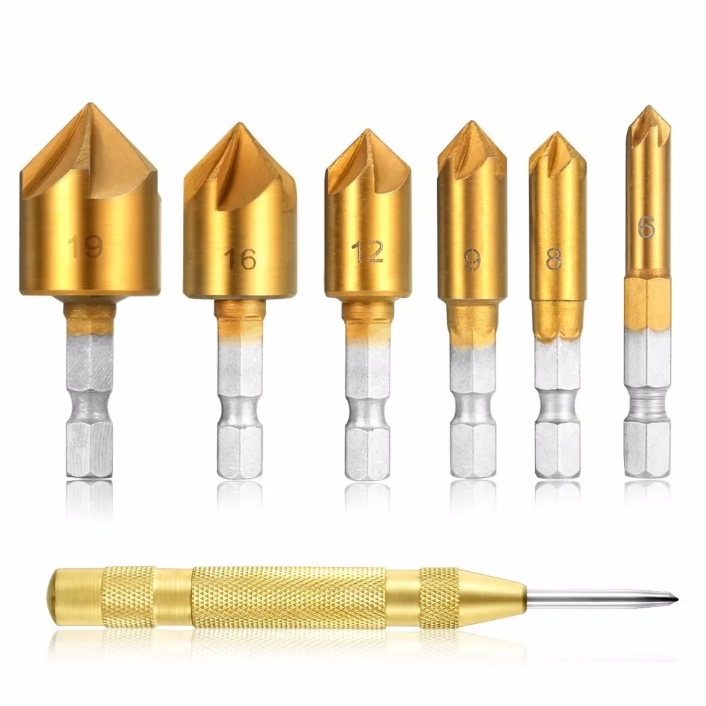 1Pc Brass Automatic Punch + 6Pcs Hex Shank Five-blade Chamfering Drill Bit High Carbon Steel Titanium Plated for Wood DIY 1Pc Brass Automatic Punch + 6Pcs Hex Shank Five-blade Chamfering Drill Bit High Carbon Steel Titanium Plated for Wood DIY