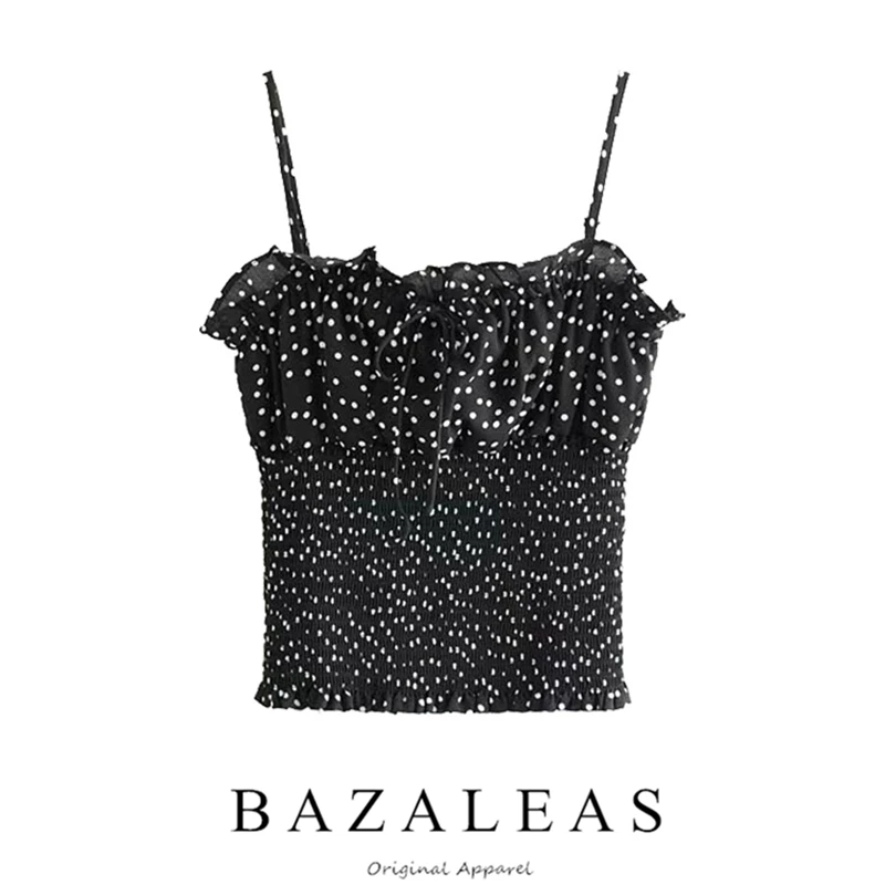 

Bazaleas Vintage Dot Print Sexy Cropped Elastic Chiffon women Tops Fashion Spaghetti Strap women Camisole drop shipping