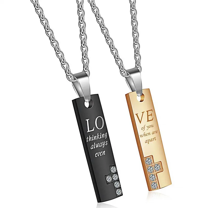

Fashion Love Couples Necklace Titanium Stainless Steel Rectangular Pendant His Hers Matching Set Lovers Necklace for Men Women