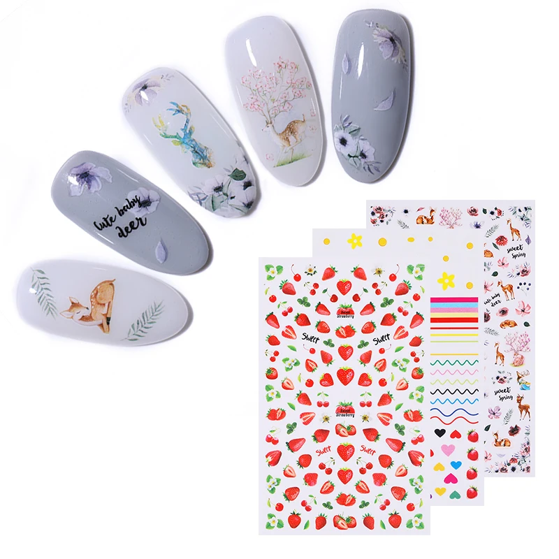

3D Nail Stickers Self Adhesive Mixed Animal Strawberry Flower DIY Design Colorful Nail Art Transfer Decals Decorations