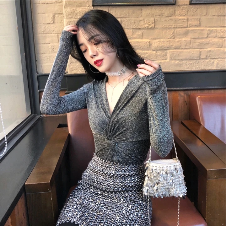 Женская одежда сексуальные блестящие топы с люрексом уличная BF harajuku футболка V