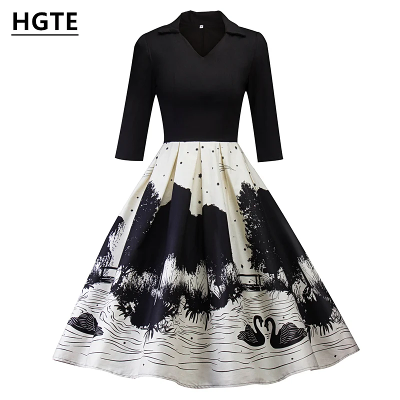 

HGTE Swan printed vintage dress Three-quarter sleeve V-neck Slim zipper large size women's dress Antique party A-Line vestidos