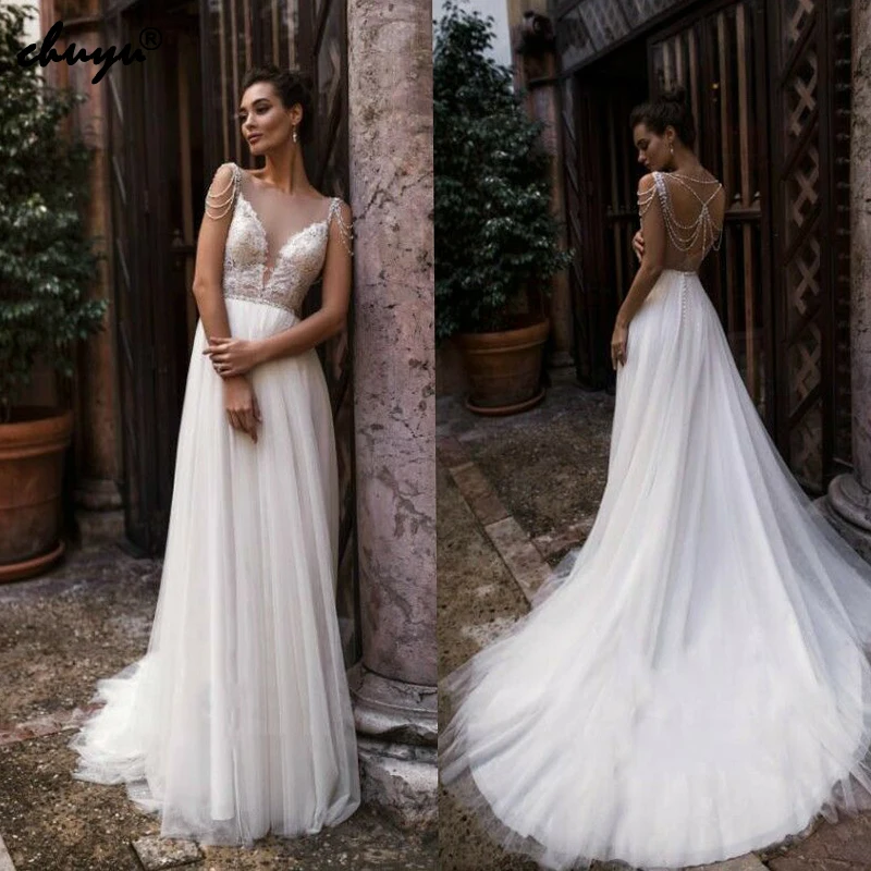 

Muslim Wedding Dresses V-Neck Spaghetti Straps Appliques Beads vestido de casamento Dubai Arabic Wedding Gown Bridal Dress