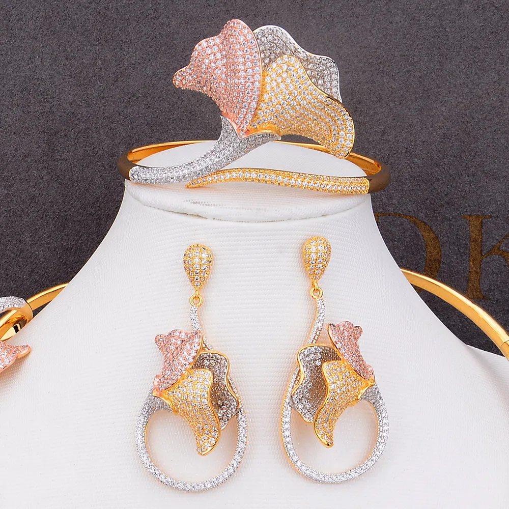 GODKI BIG Luxury Flower 4pcs African Cubic Zircon CZ Nigerian Jewelry sets For Women Wedding Dubai Gold Bridal Jewelry Sets 2019