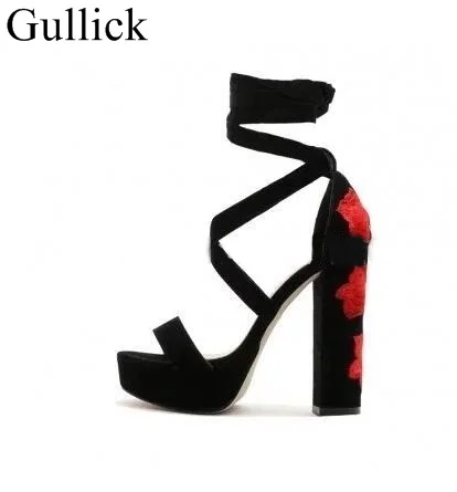 

Women Open Toe Black Suede Leather High Platform Sandals Super High Heel Rose Embroidery Heel Sandals Dress Shoes Size 10