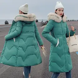 Женское базовое пальто с капюшоном зимние длинные парки 2019 Новая женская повседневная куртка х/б большой меховой воротник верхняя одежда