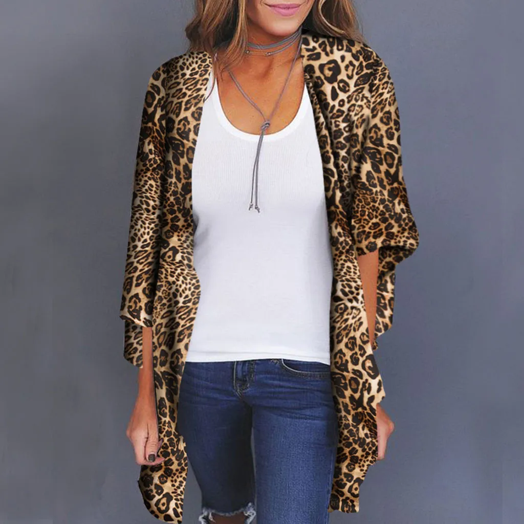 

2019 Women Chiffon Cardigan Bikini Cover Up Summer Leopard Print Beach Dress Shawl Kaftan Beach Tunics Pareos Swimsuit Beachwear