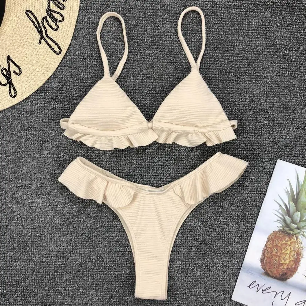 

Ruffle Swimwear Bikinis Set Solid Brazilian Bikini Swimming Suit for Women 2019 Padded Beach Wear Thong Biquini 2019