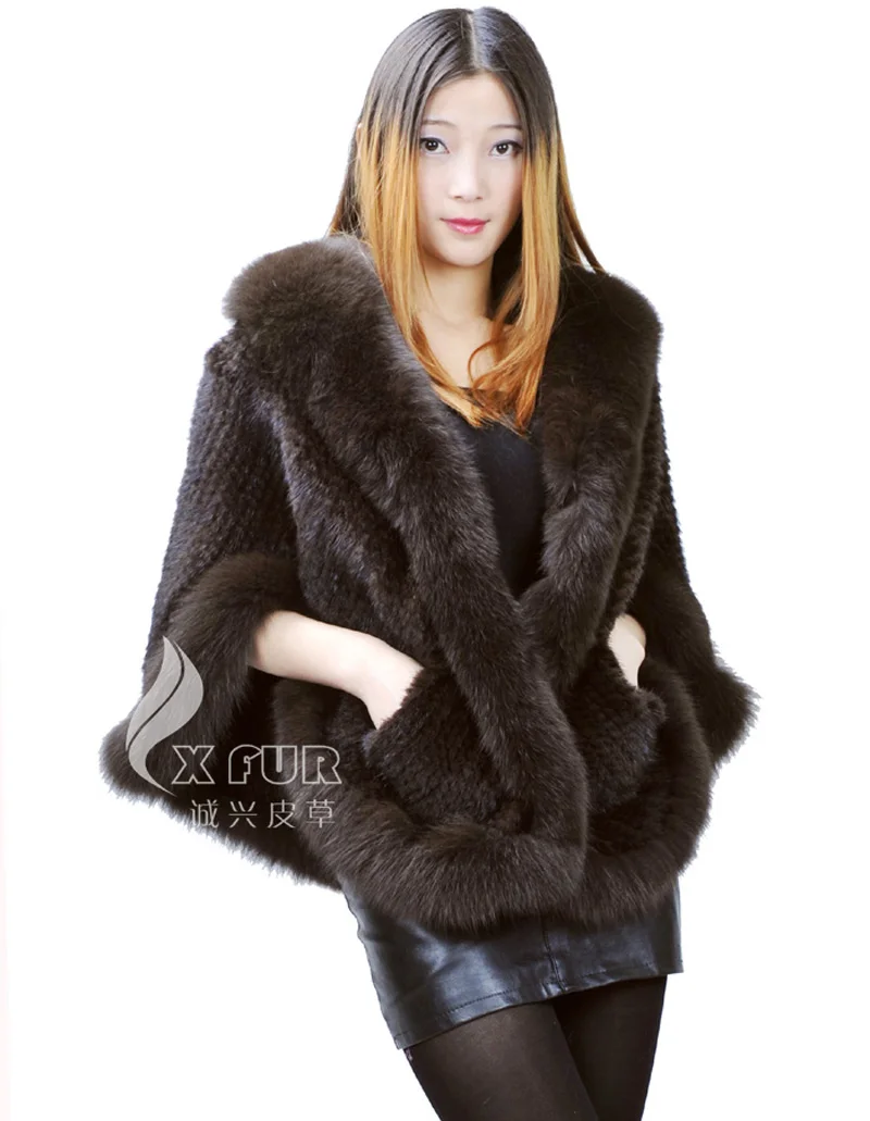 

CX-B-M-99 2016 New Fashion Winter Women's Genuine Knitted Mink Fur Shawls With Fox Fur Collar Outerwear Coats