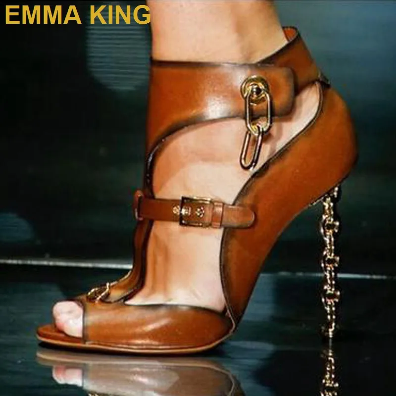 EMMA KING Fashion Runway Shoes Metal Chain High Heels Women Sandals Summer Shoes Peep Toe Ladies Prom Shoes Plus Size 35-43