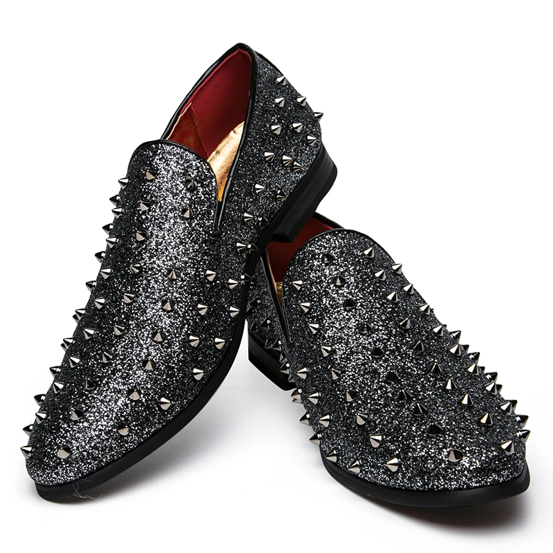 men's spike dress shoes italian silver gold slip on rhinestone loafers 2017 luxury brand unique cool male studded footwear flats (40)