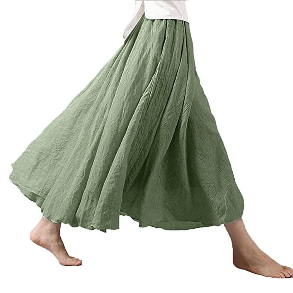 Women Linen Cotton Long Maxi Skirts Solid Color Elastic Waist Pleated