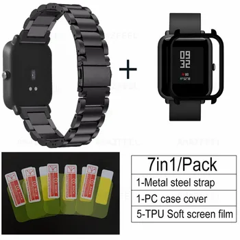 

7pcs/pack Stainless steel watch band For Xiaomi Huami amazfit bip Youth Metal replacment Wrist Strap Protector Case+Screen film