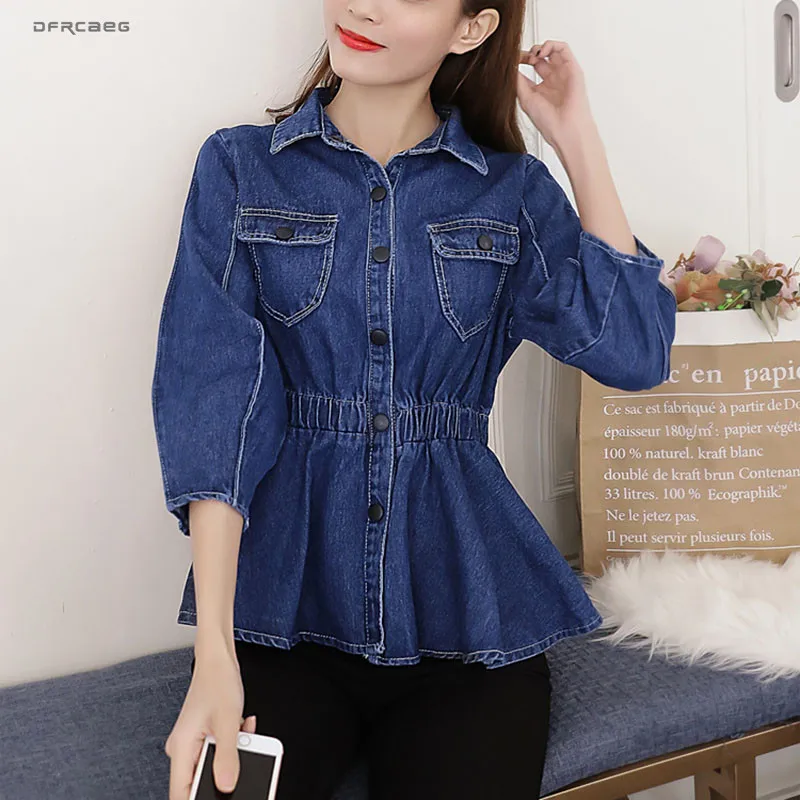 

New Arrivals 2019 Spring Ruffle Denim Jacket For Women Loose Streetwear Vintage Slim Waist Jeans Coats Outwear Female Deep Blue
