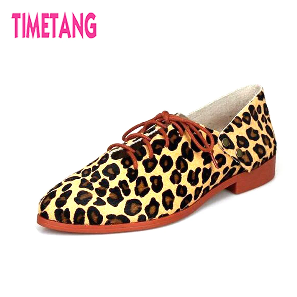

TIMETANG 2018 Casual Fashion Horsehair/Genuine Leather Women Brogue Shoes Cool Leopard Lace-up Pointed Toe Flat Shoes Size 35-43