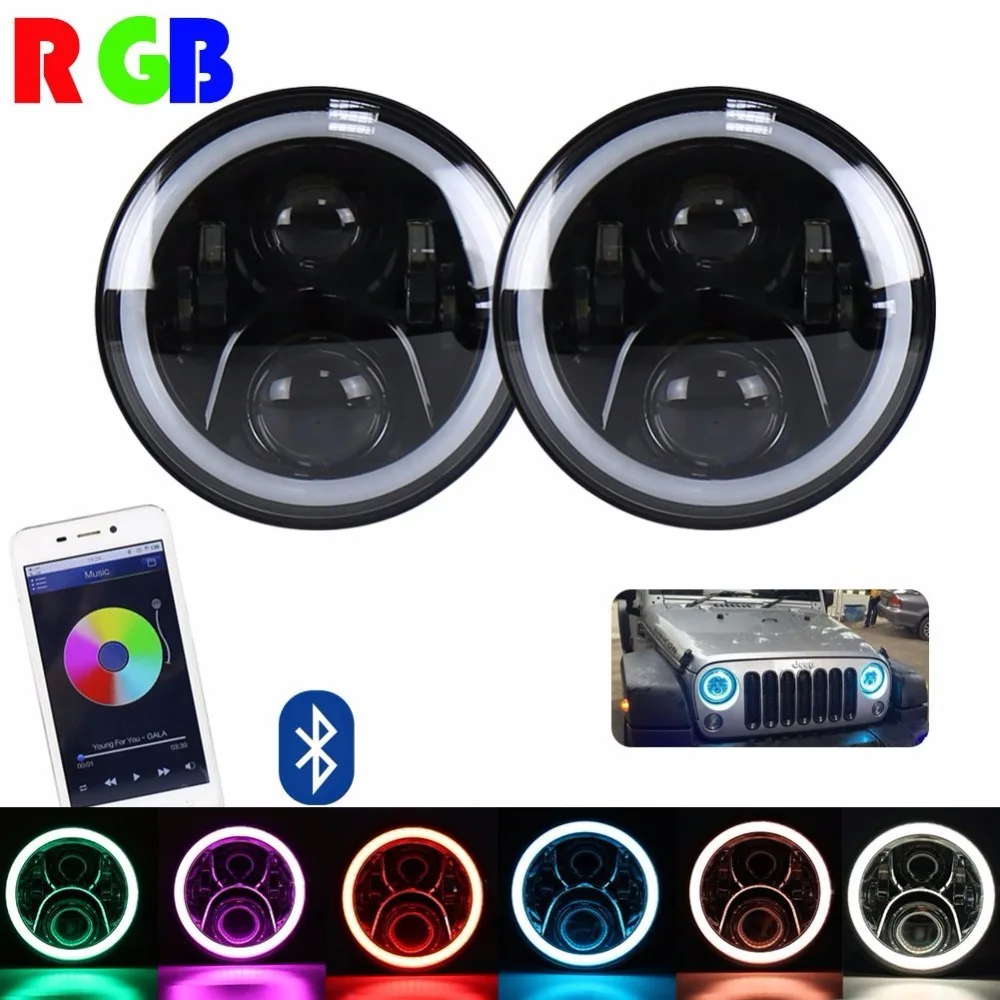 "7"" дюймовый для джип Рэнглер в RGB светодиодные фары гало, Bluetooth приложения управлением (2 шт.)" "7"" дюймовый для джип Рэнглер в RGB светодиодные фары гало, Bluetooth приложения управлением (2 шт.)"