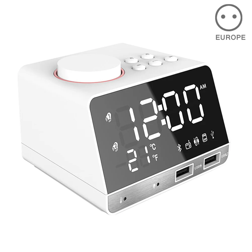 Цифровой будильник с функцией buetooth динамик двойной usb порты температура, led-дисплей для дома - Цвет: white EU