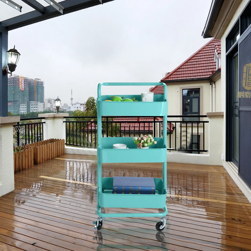 

3-Tier Metal Cart Rolling Storage Shelves With Handles Blue Storage Utility Cart Creative home