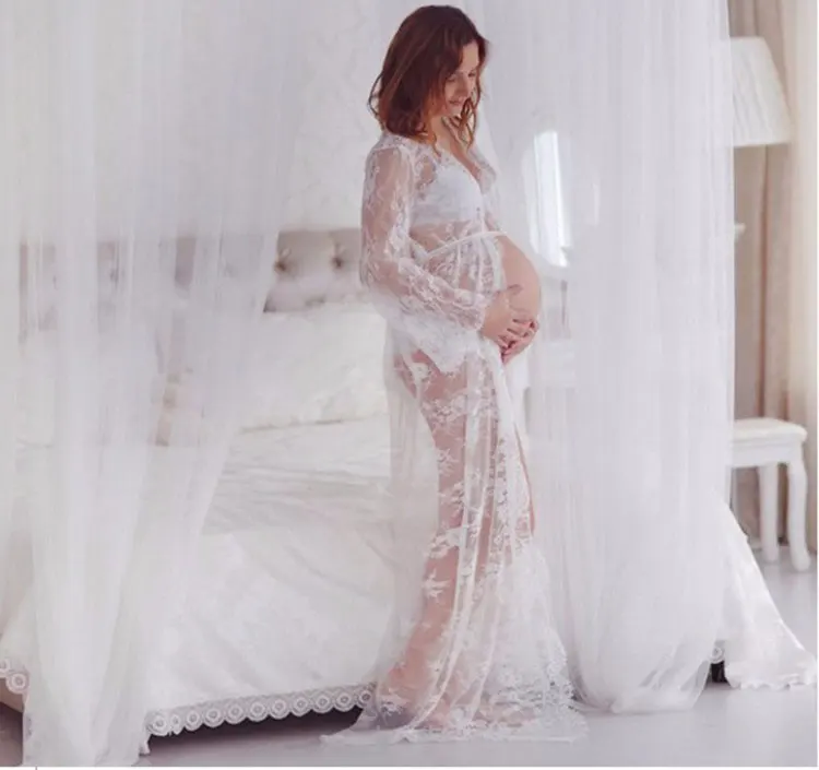

Off White Maternity Gown Photo Shoot Maternity Photography Props Lace Dresses Floor Length Lace Maternity Maxi Dress See Through
