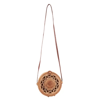 

AUAU-Woven Rattan Bag Round Straw Shoulder Bag Small Beach Handbags Women Summer Hollow Handmade Messenger Crossbody Bags