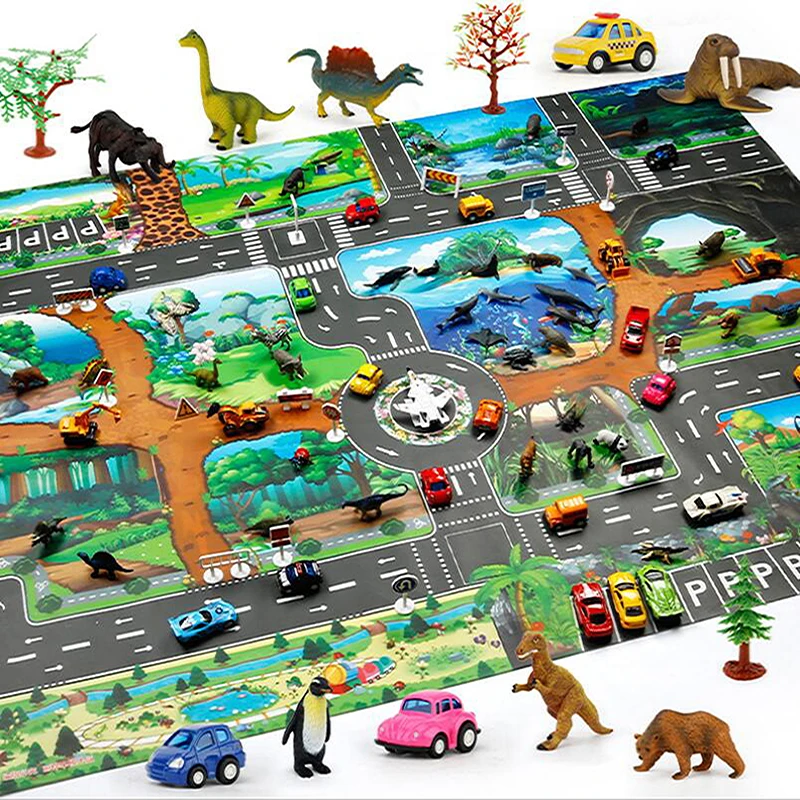 Children's Toy INS Canvas Kids Baby Play Mat Game Pad 130*100cm Rug Dinosaur World Traffic Parking Lot Animals Game Carpet Map