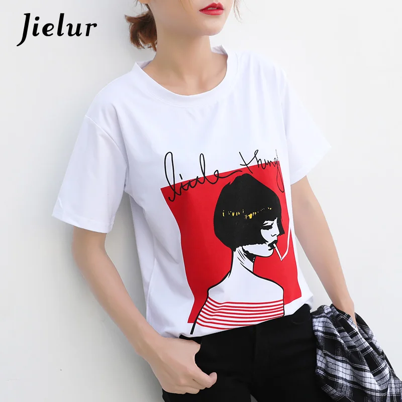 Jielur модные футболки женские с принтом для девочек героями мультфильмов