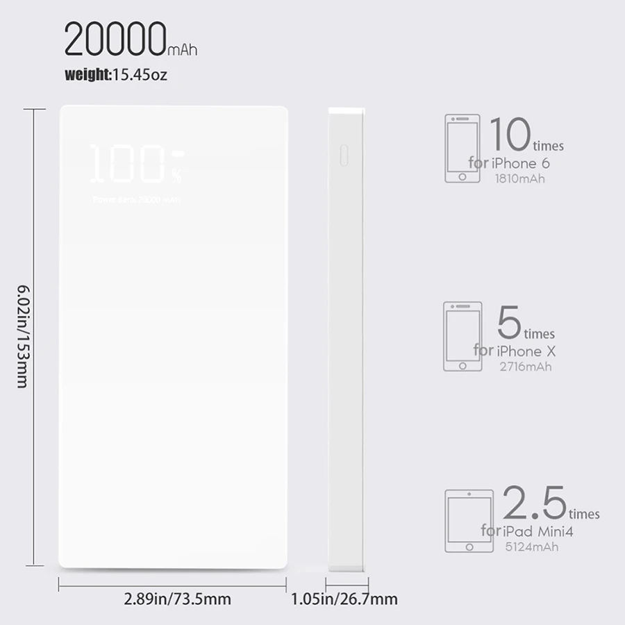 Беспроводное зарядное устройство, внешний аккумулятор 20000 мА/ч, двойной USB, зеркальный экран, дисплей для iPhone X, XS, Max, 8 Plus, samsung, S9, S8, зарядное устройство