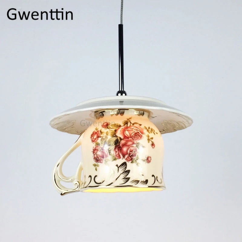 

European Style Rose Cup Pendant Lights Led Art Deco Hanglamp Vintage Hanging Lamp for Dining Room Bar Kitchen Lighting Fixtures