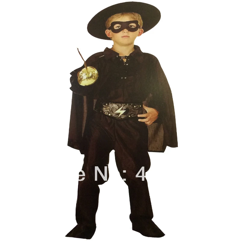 

Free shipping,halloween party dress up costume baby boy black Zorro costumes with cape mask hat belt sword toy