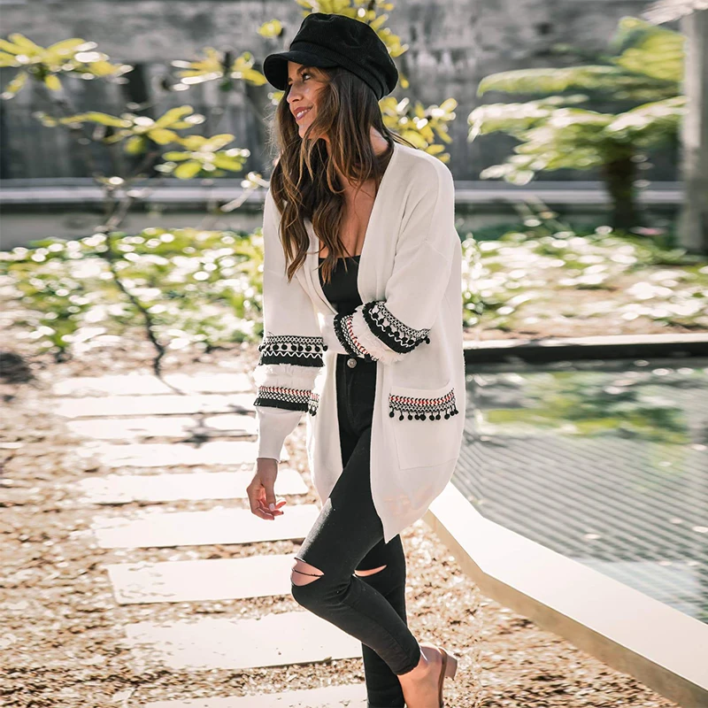 

Women Fashion Boho Tassel Pockets Long Sleeve Knitted Cardigan Jumpers Coat Ladies Loose Front Open Stretch Sweater Overcoat O