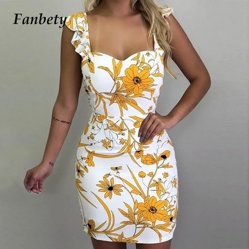 

Fanbety Plus size Bohemian dress women Floral Print chiffon Ruffles mini dress Lady sexy summer strap Elastic Waist Beach dress