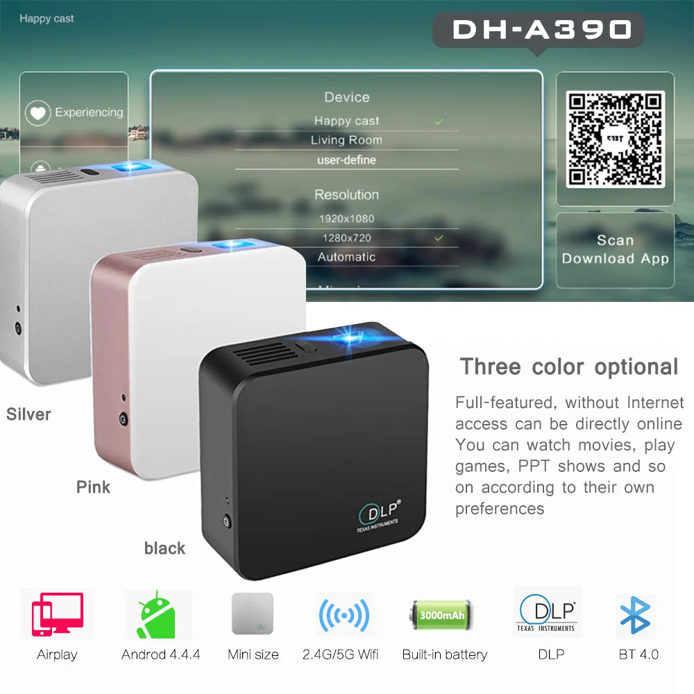 Умный Карманный DLP проектор Everyone Gain A390 Встроенный android OS Wi Fi bluetooth интерактивный 3000