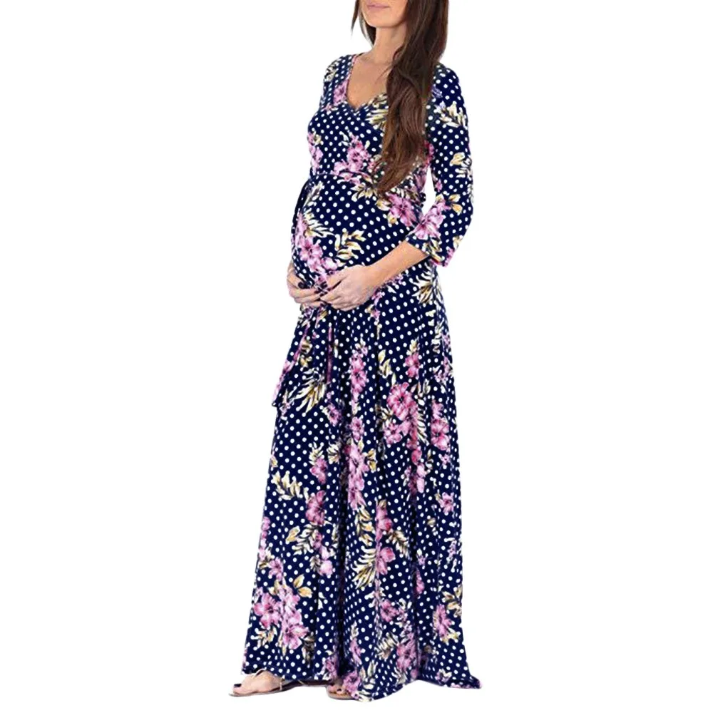 LONSANT платье для беременных женщин с v-образным вырезом и длинными рукавами женское длинное платье для беременных элегантное платье с цветочной печатью платье