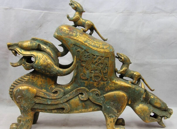 

song voge gem S1521 Chinese Bronze Gilt Brave troops Fu Foo Dog Lion Beast Zun Incense Burner Censer